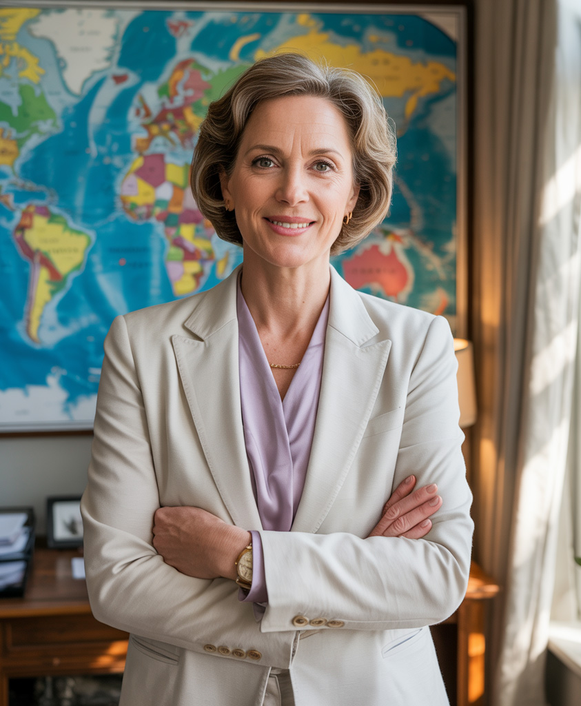 Luxury travel advisor standing in her home office.