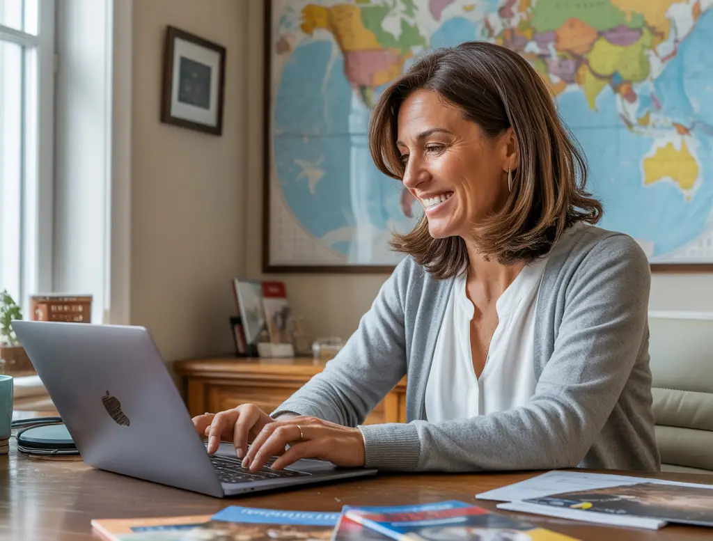 A luxury travel advisor sitting at her desk in her home office.