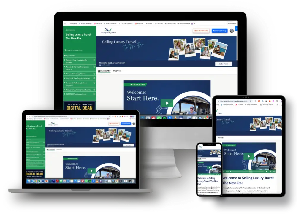 The Become a Luxury Travel Advisor program displayed on a variety of computer monitors.