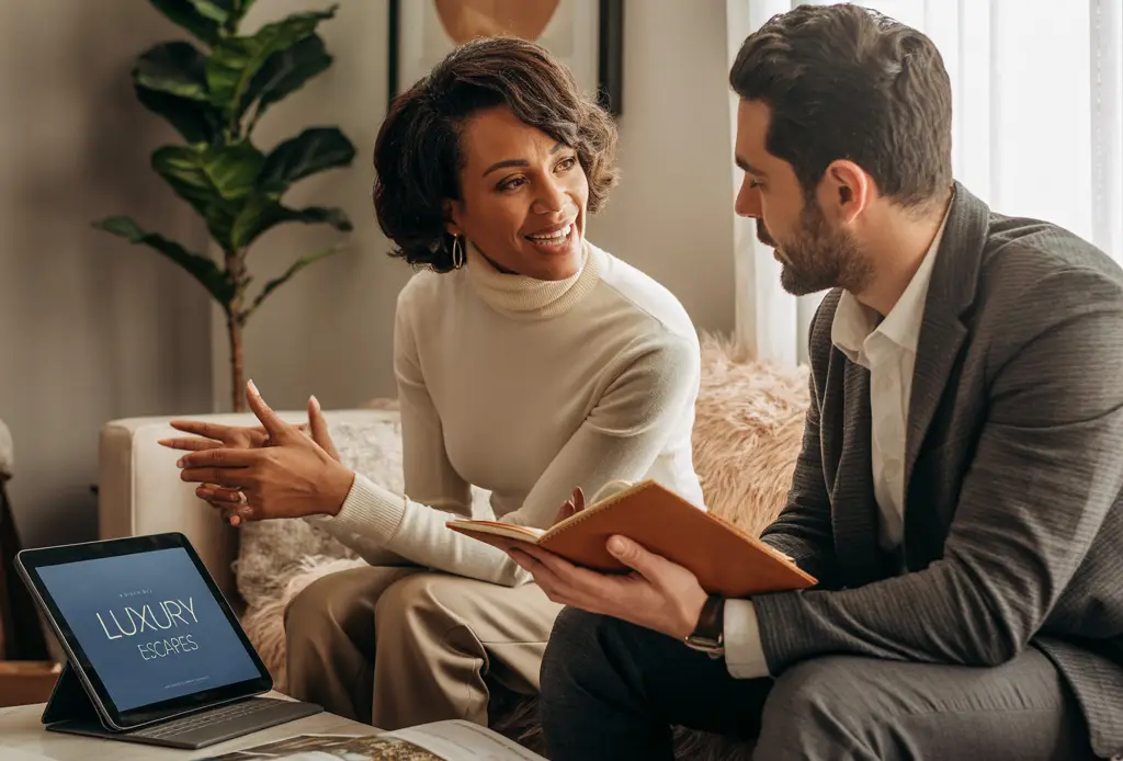A Luxury Travel Advisor sitting with a client, explaining a trip.
