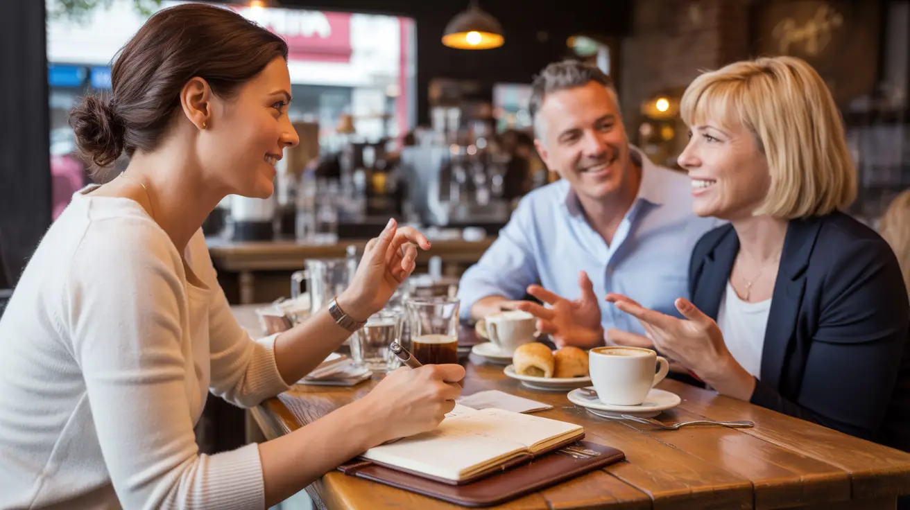A Luxury Travel Advisor meeting with clients in a coffee shop.