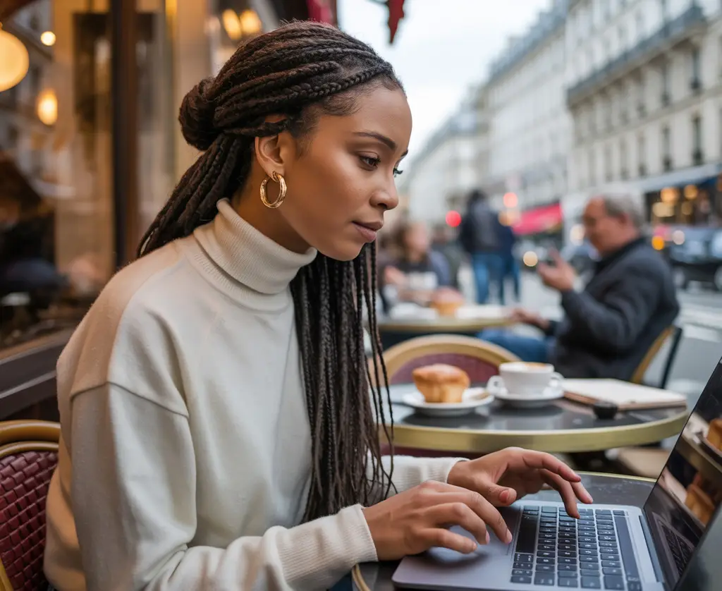 Luxury travel advisor working from a cafe in Europe.